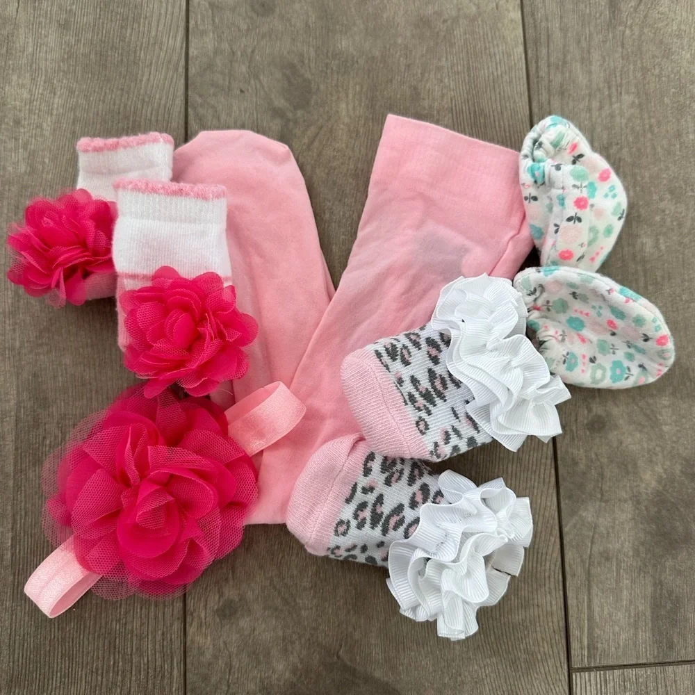 0-6 m baby girl accessory lot -pantyhose, socks bundle, hair piece, hand booties